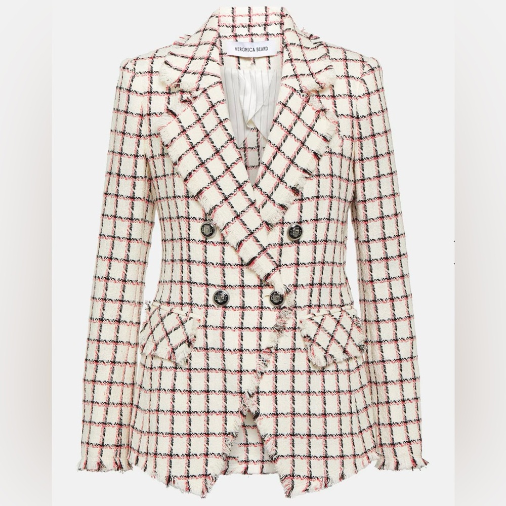 NWT Veronica Beard Taja Dickey Jacket, sz 0, ecru/hot pink/black check pattern.